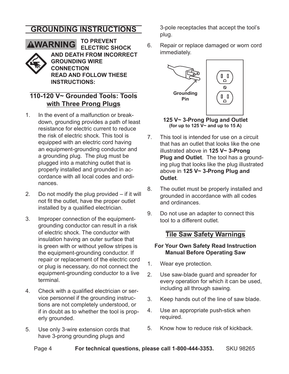 Grounding instructions | Chicago Electric 1.5HP 7" Bridge Tile Saw 98265 User Manual | Page 4 / 21