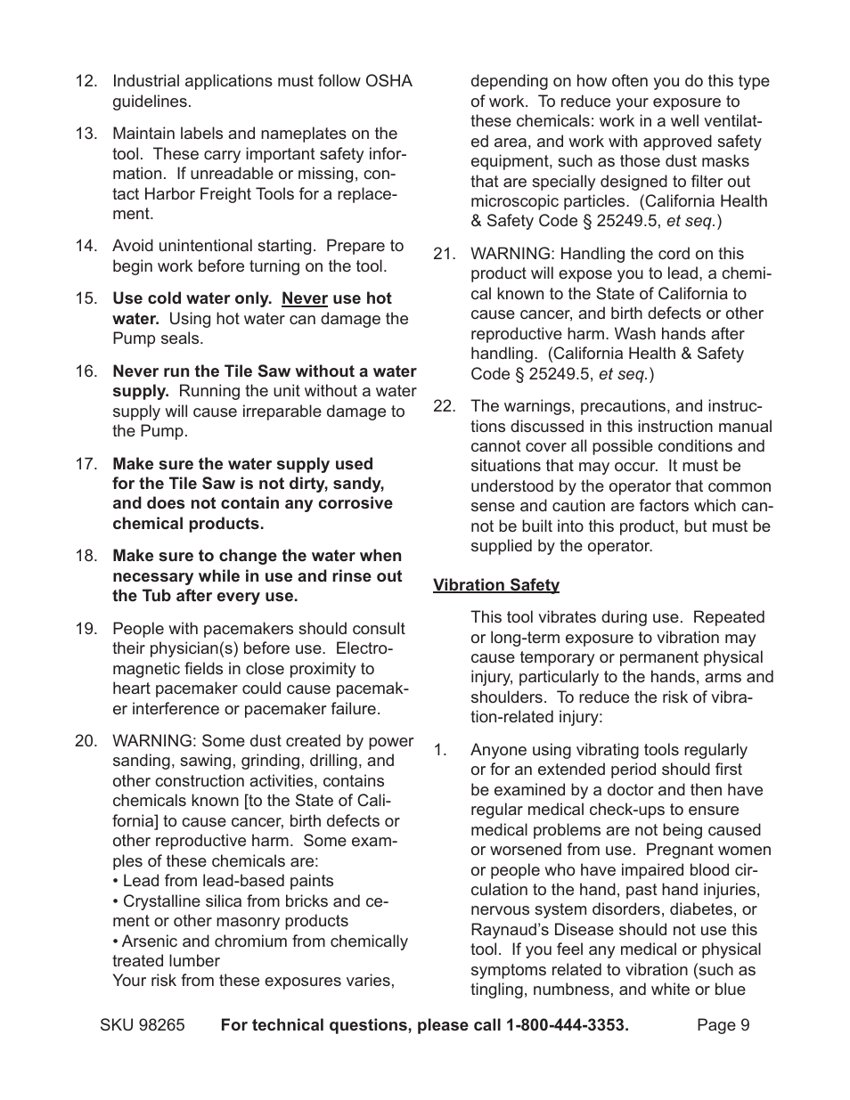 Chicago Electric 1.5HP 7" Bridge Tile Saw 98265 User Manual | Page 9 / 21