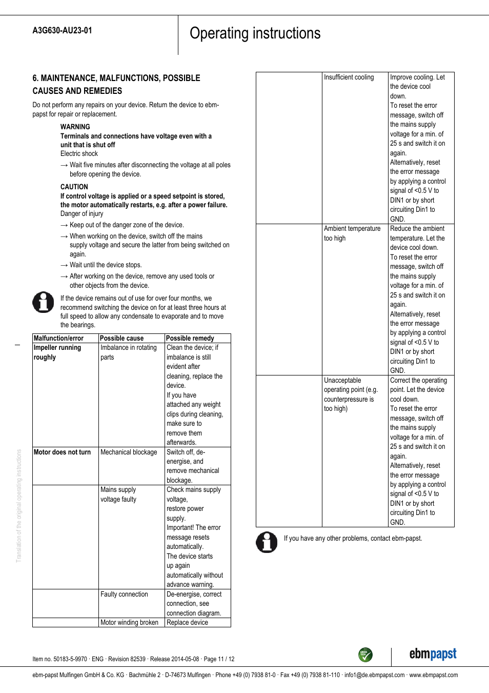 Operating instructions | ebm-papst A3G630-AU23-01 User Manual | Page 11 / 12