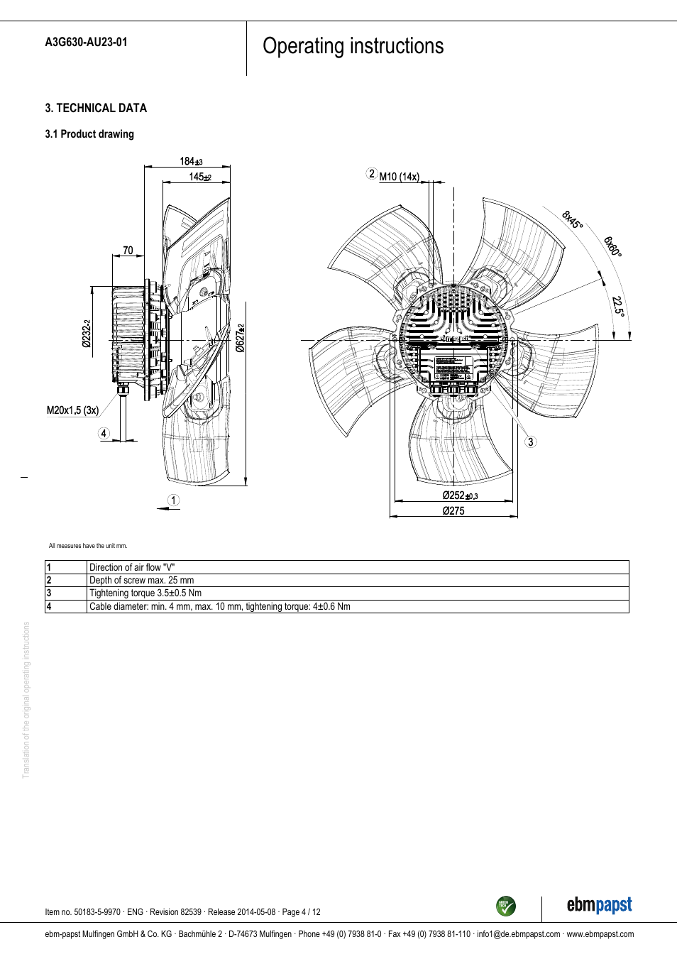 Operating instructions | ebm-papst A3G630-AU23-01 User Manual | Page 4 / 12