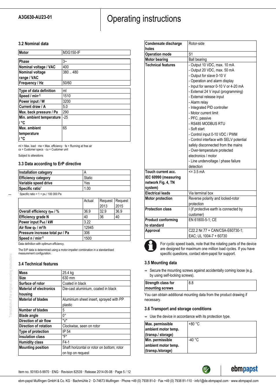 Operating instructions | ebm-papst A3G630-AU23-01 User Manual | Page 5 / 12