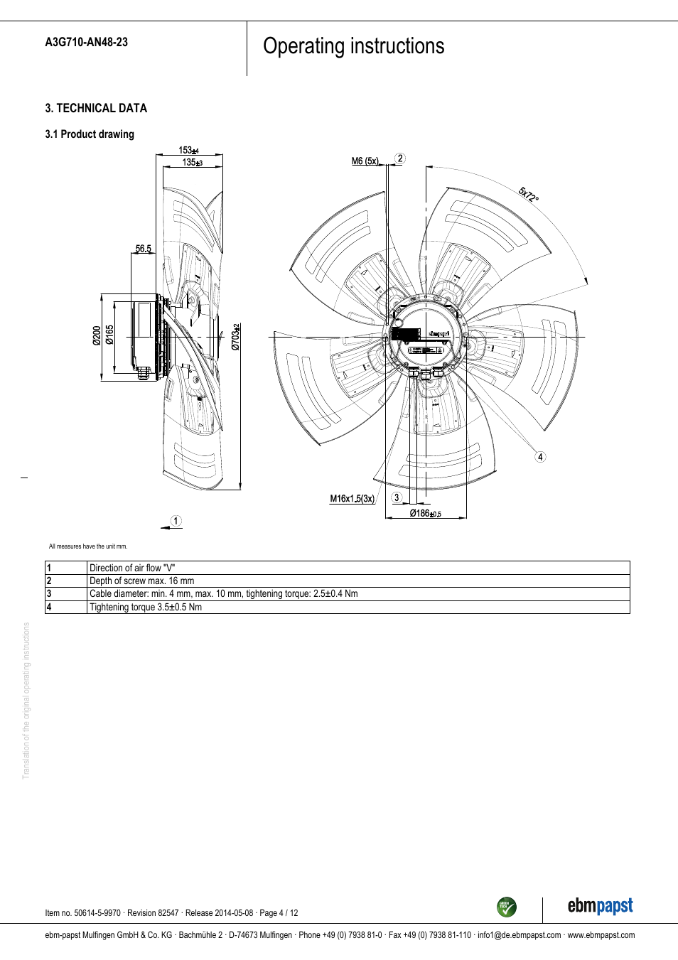 Operating instructions | ebm-papst A3G710-AN48-23 User Manual | Page 4 / 12