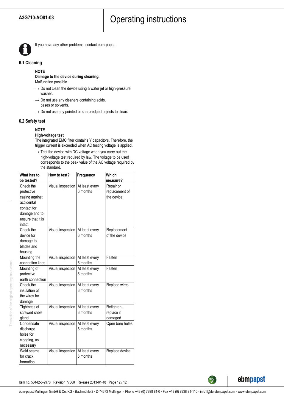 Operating instructions | ebm-papst A3G710-AO81-03 User Manual | Page 12 / 12