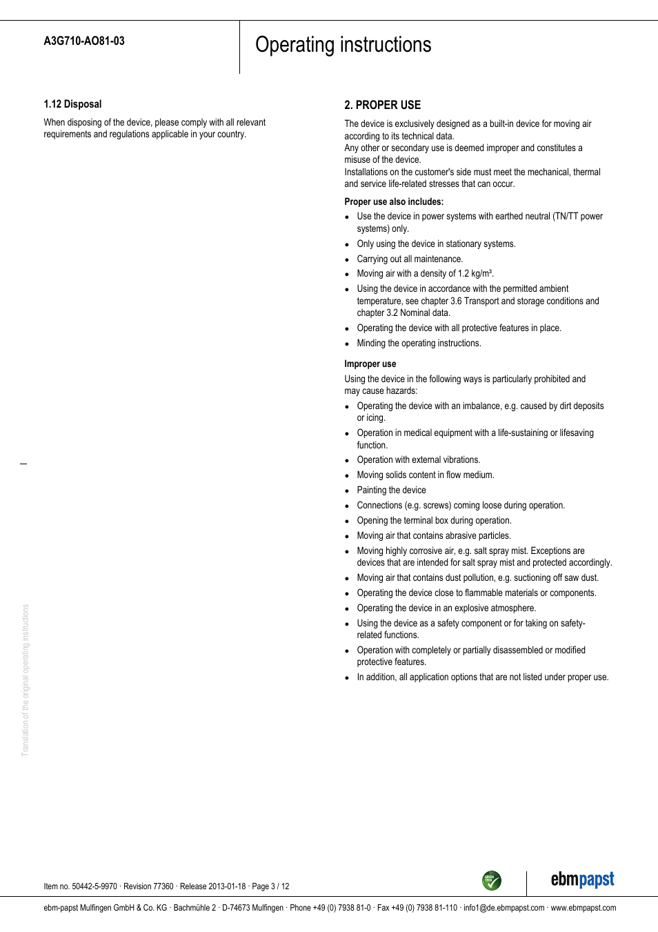 Operating instructions, Proper use | ebm-papst A3G710-AO81-03 User Manual | Page 3 / 12