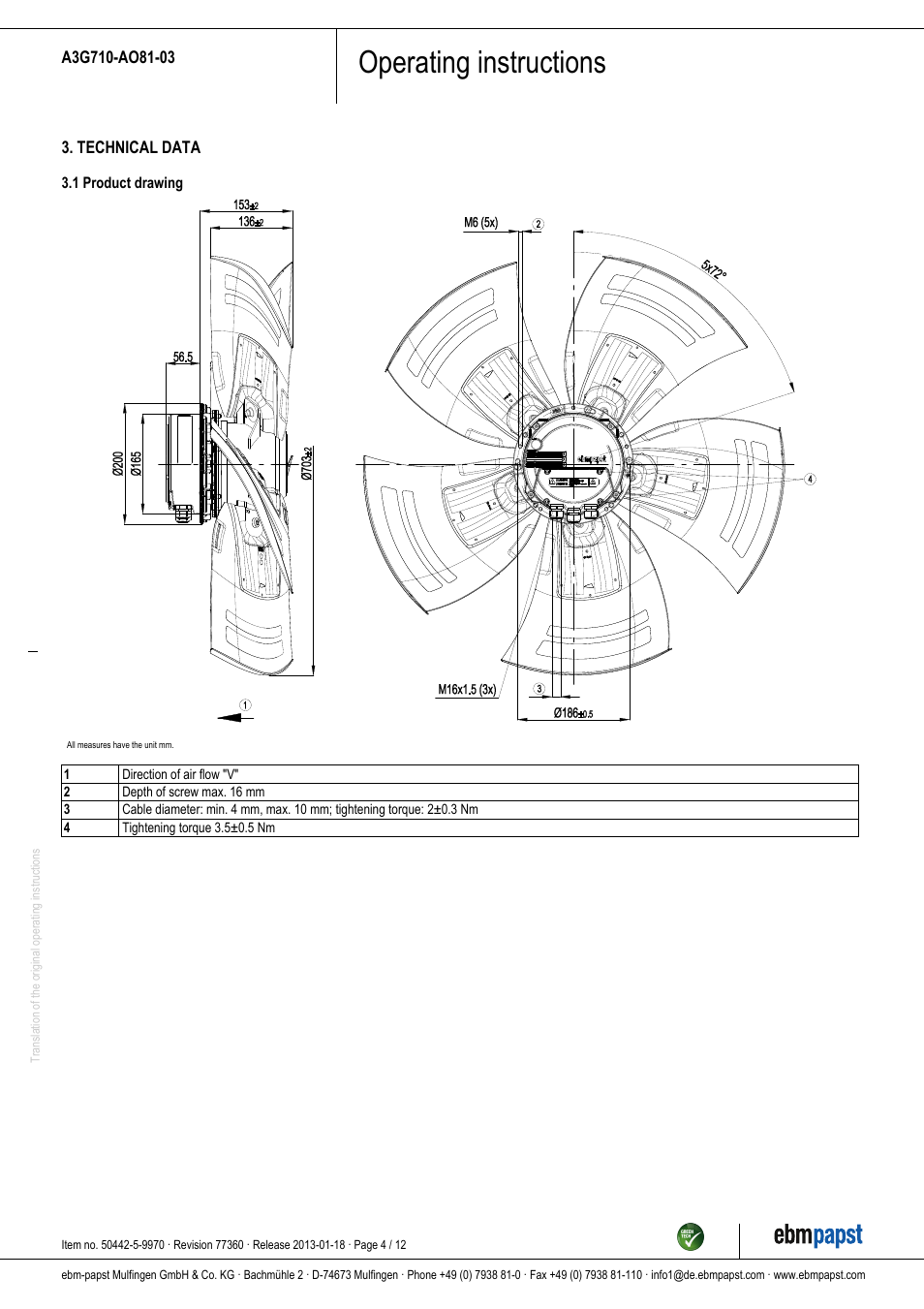 Operating instructions | ebm-papst A3G710-AO81-03 User Manual | Page 4 / 12