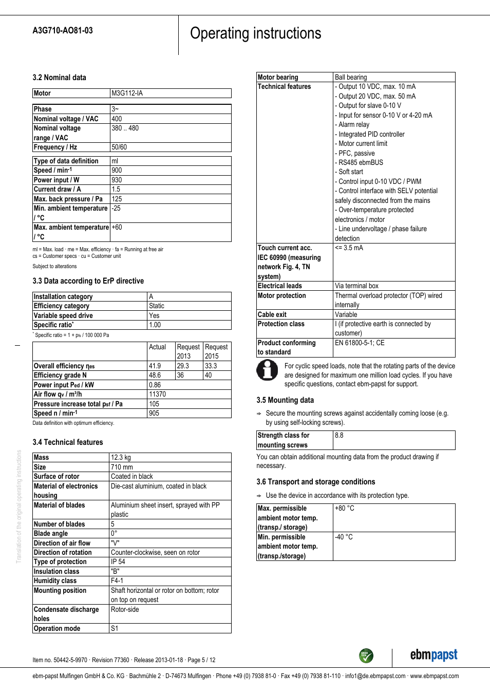 Operating instructions | ebm-papst A3G710-AO81-03 User Manual | Page 5 / 12