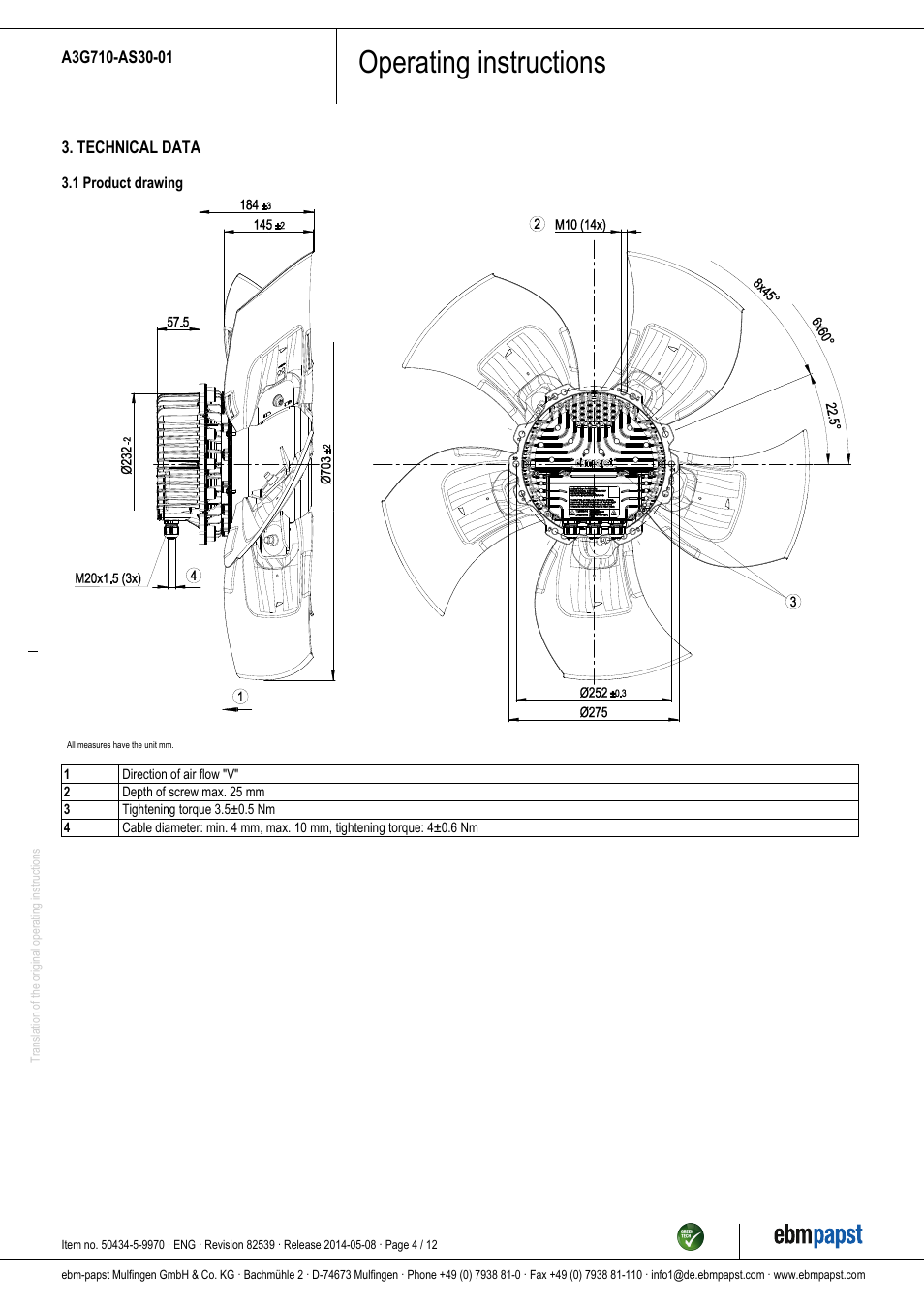 Operating instructions | ebm-papst A3G710-AS30-01 User Manual | Page 4 / 12