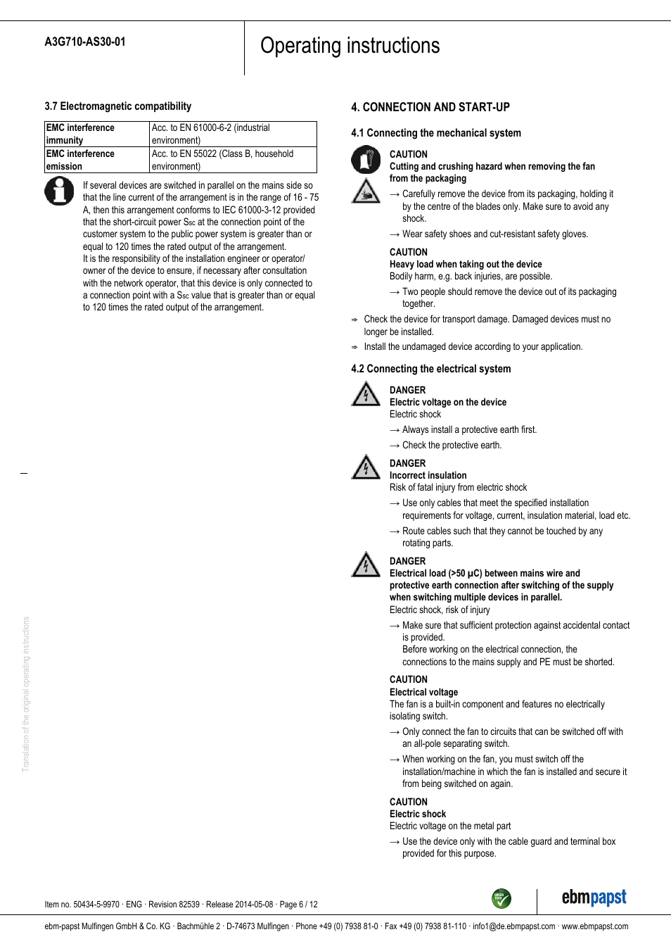 Operating instructions | ebm-papst A3G710-AS30-01 User Manual | Page 6 / 12