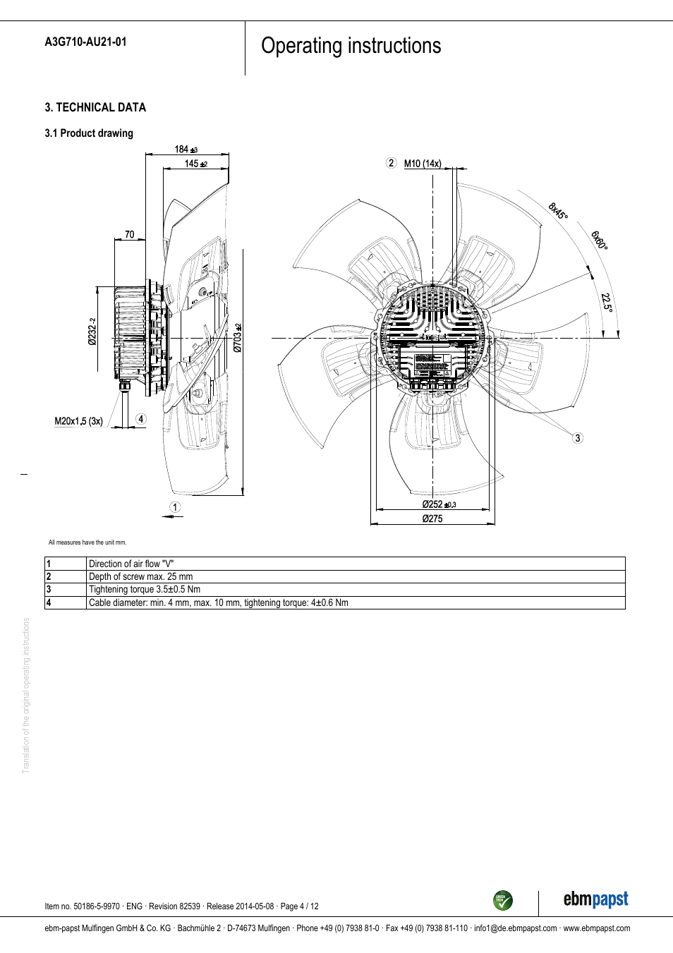 Operating instructions | ebm-papst A3G710-AU21-01 User Manual | Page 4 / 12