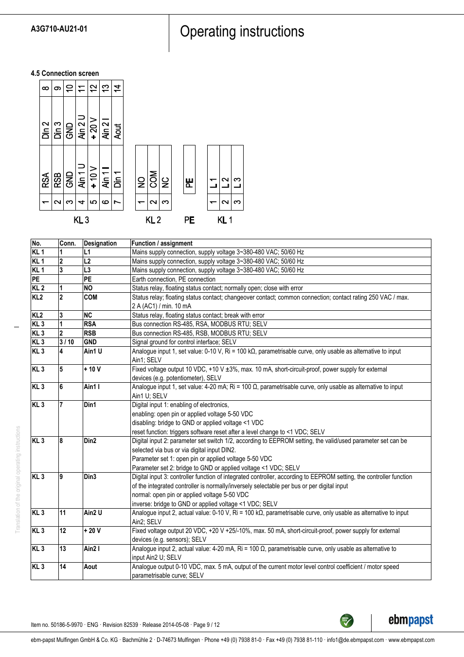Operating instructions | ebm-papst A3G710-AU21-01 User Manual | Page 9 / 12