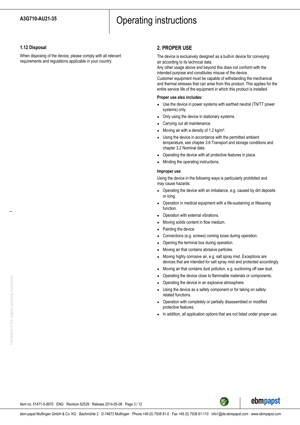 Operating instructions, Proper use | ebm-papst A3G710-AU21-35 User Manual | Page 3 / 12