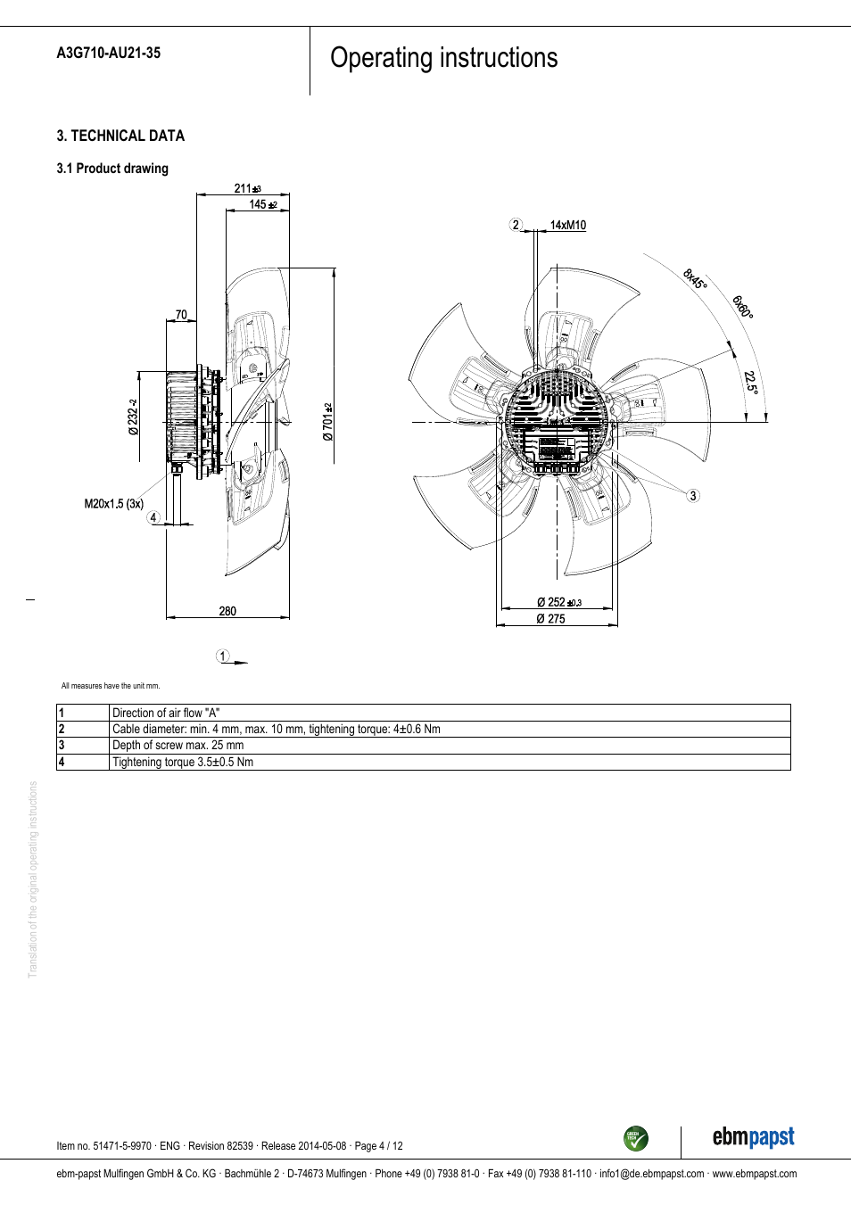 Operating instructions | ebm-papst A3G710-AU21-35 User Manual | Page 4 / 12