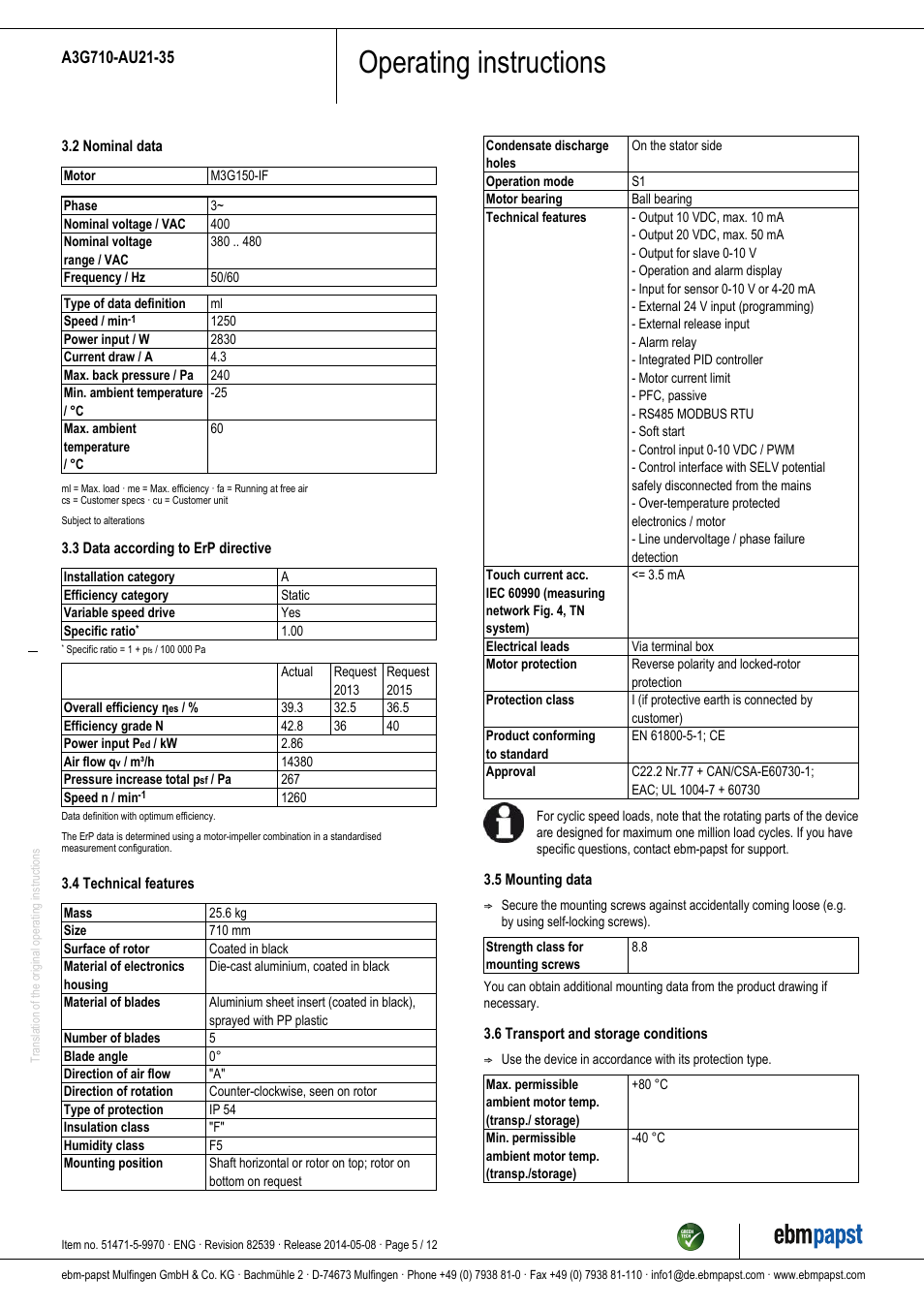 Operating instructions | ebm-papst A3G710-AU21-35 User Manual | Page 5 / 12