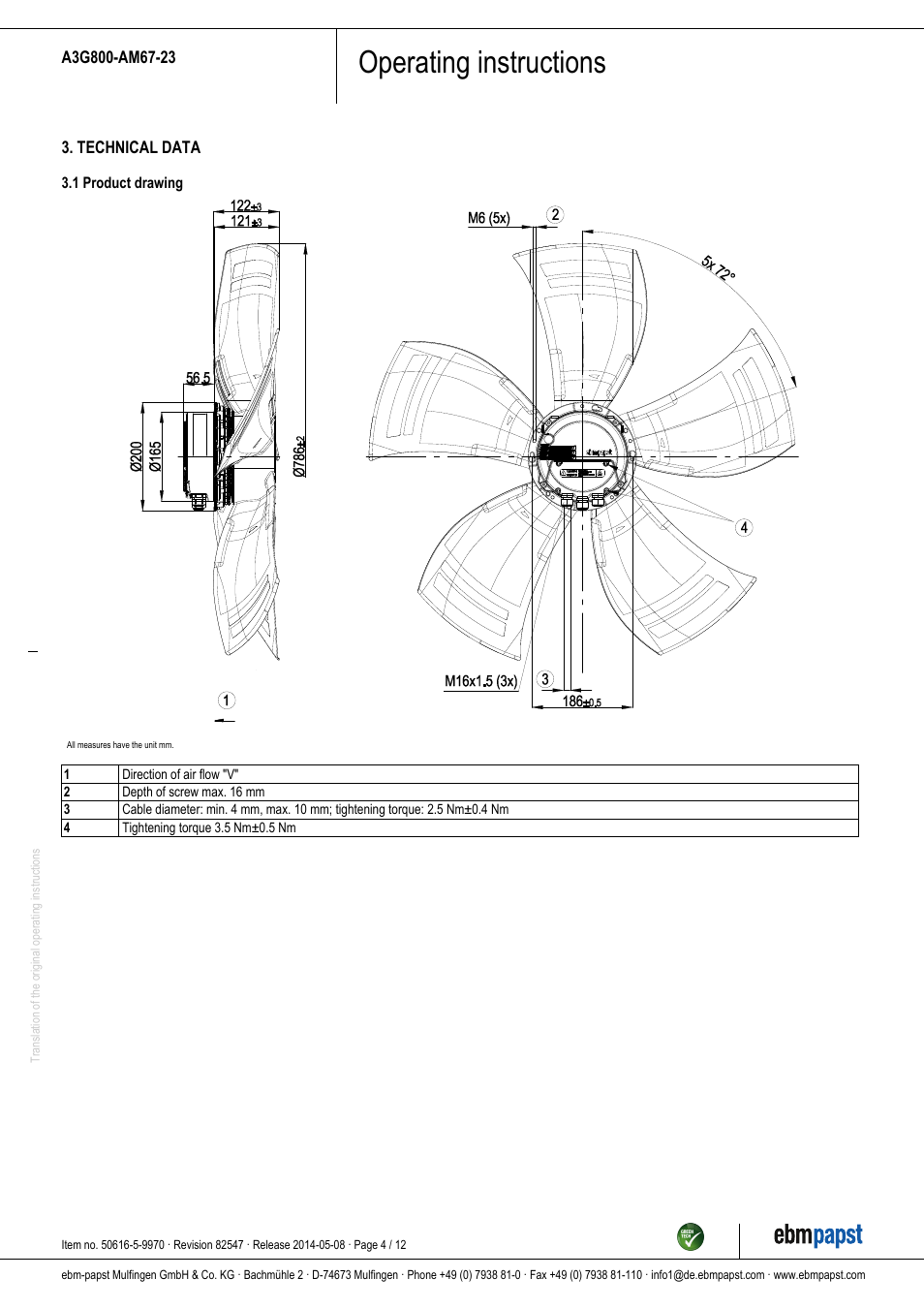 Operating instructions | ebm-papst A3G800-AM67-23 User Manual | Page 4 / 12