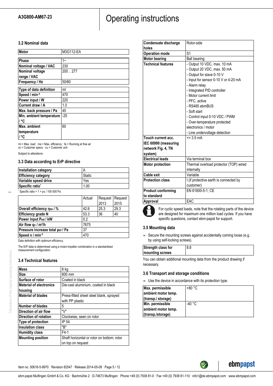 Operating instructions | ebm-papst A3G800-AM67-23 User Manual | Page 5 / 12
