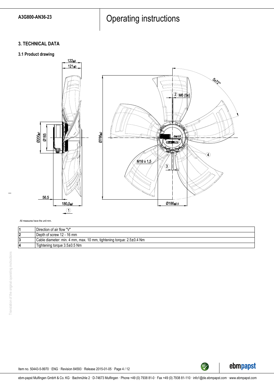 Operating instructions | ebm-papst A3G800-AN36-23 User Manual | Page 4 / 12