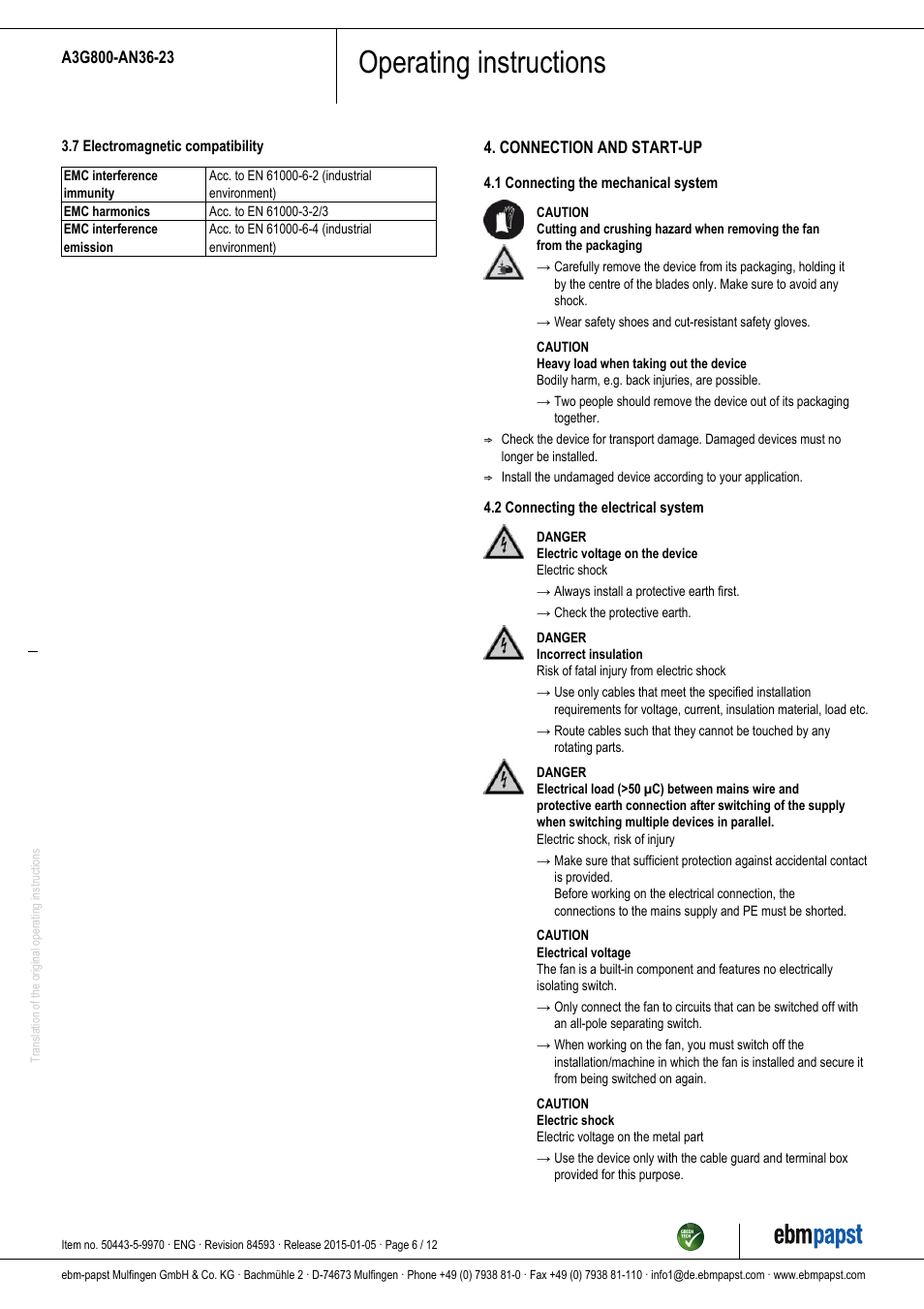 Operating instructions | ebm-papst A3G800-AN36-23 User Manual | Page 6 / 12