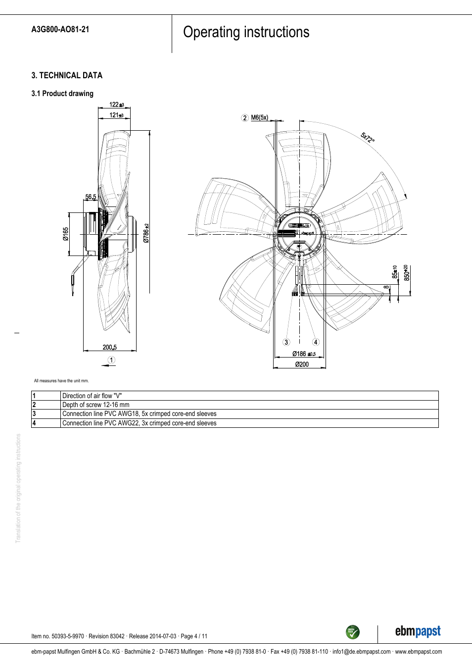 Operating instructions | ebm-papst A3G800-AO81-21 User Manual | Page 4 / 11
