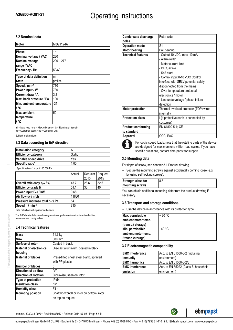 Operating instructions | ebm-papst A3G800-AO81-21 User Manual | Page 5 / 11