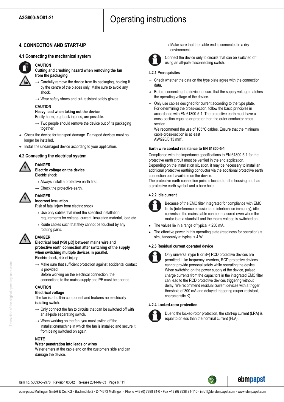 Operating instructions | ebm-papst A3G800-AO81-21 User Manual | Page 6 / 11