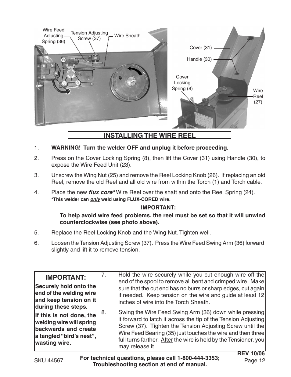 Installing the wire reel, Important | Chicago Electric 44567 User Manual | Page 12 / 28