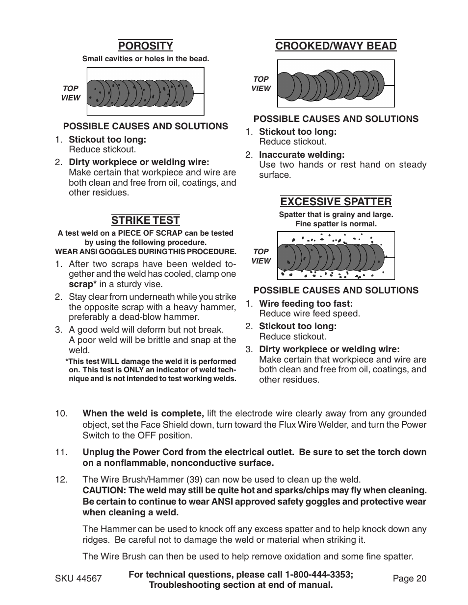 Crooked/wavy bead, Strike test, Excessive spatter | Porosity | Chicago Electric 44567 User Manual | Page 20 / 28