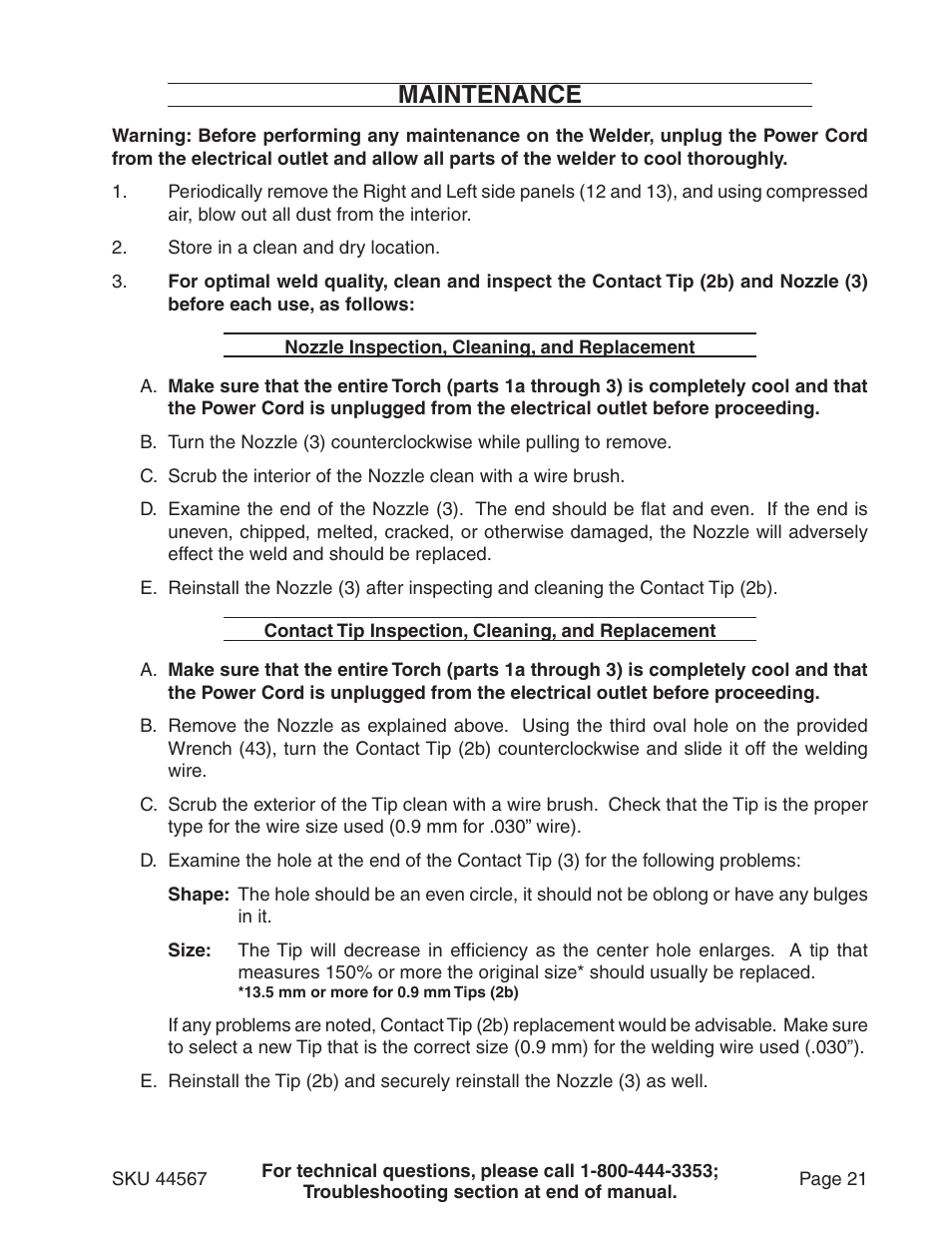 Maintenance | Chicago Electric 44567 User Manual | Page 21 / 28