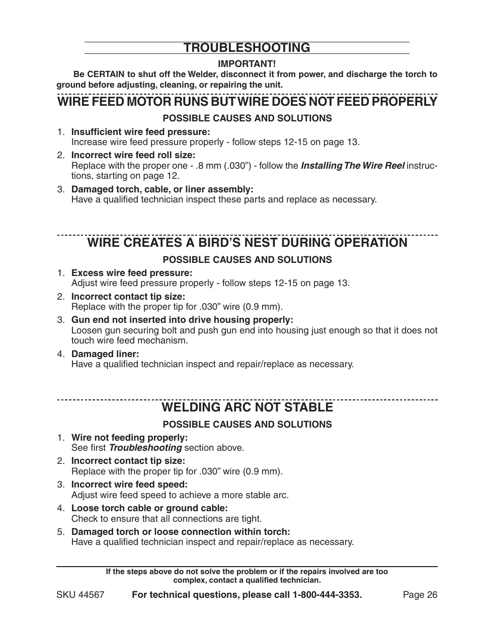 Wire creates a bird’s nest during operation, Welding arc not stable | Chicago Electric 44567 User Manual | Page 26 / 28