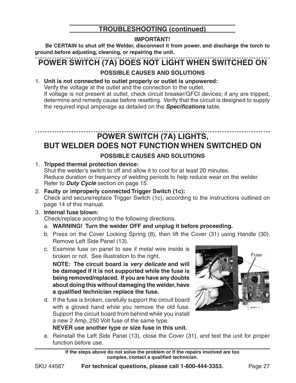 Power switch (7a) does not light when switched on | Chicago Electric 44567 User Manual | Page 27 / 28