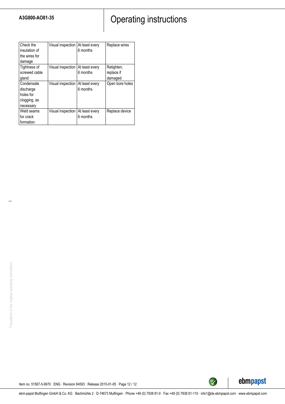 Operating instructions | ebm-papst A3G800-AO81-35 User Manual | Page 12 / 12