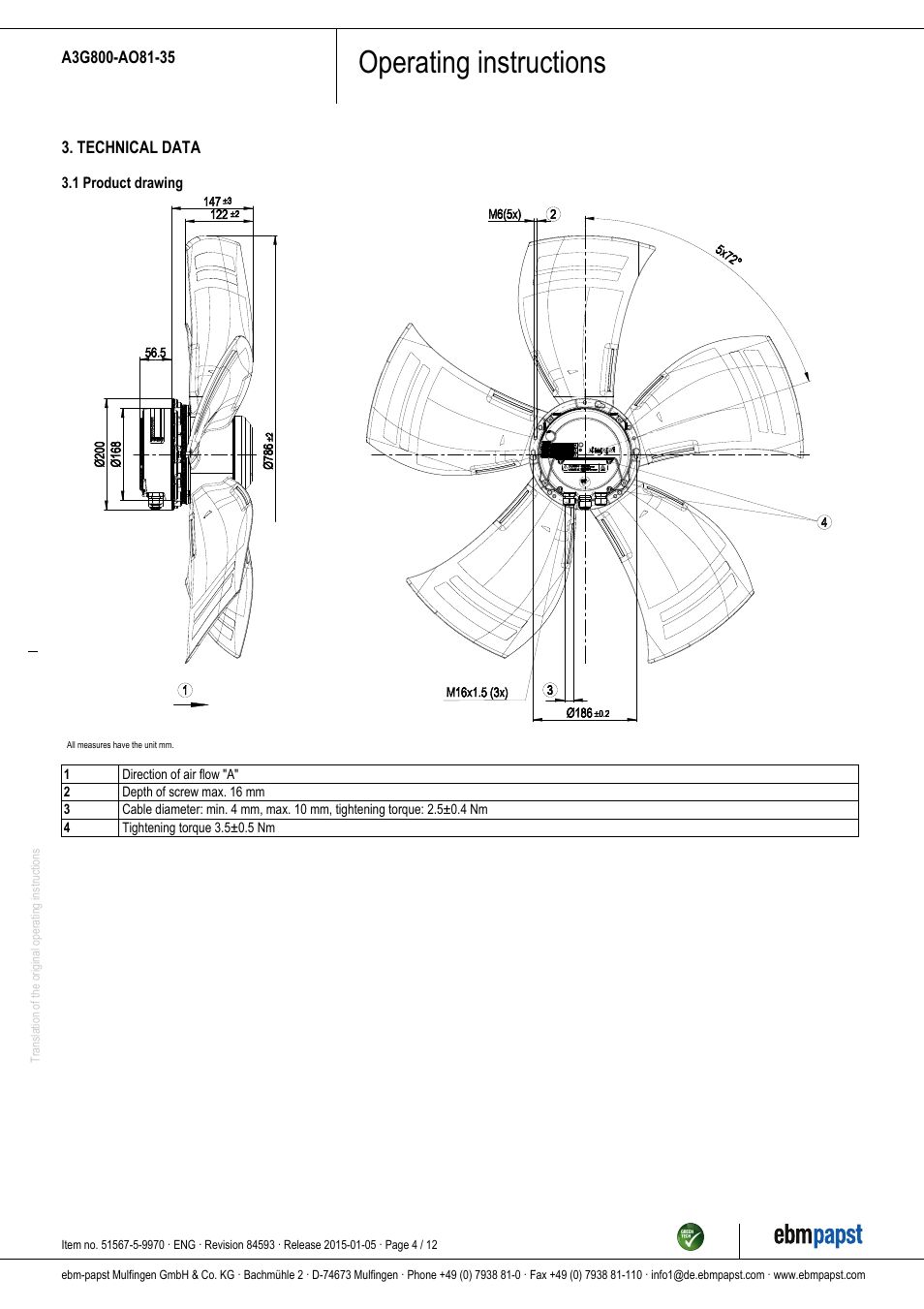 Operating instructions | ebm-papst A3G800-AO81-35 User Manual | Page 4 / 12