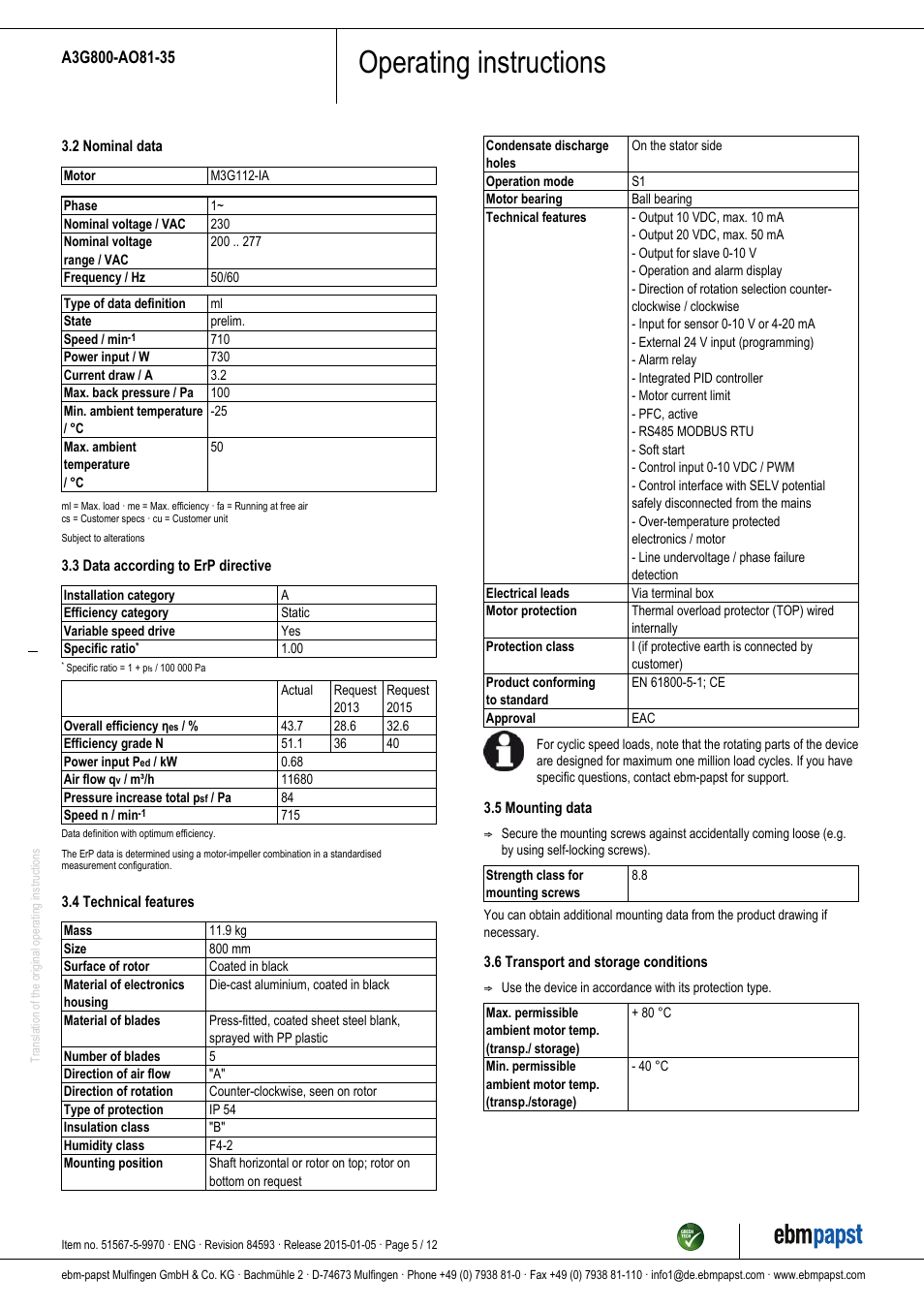 Operating instructions | ebm-papst A3G800-AO81-35 User Manual | Page 5 / 12