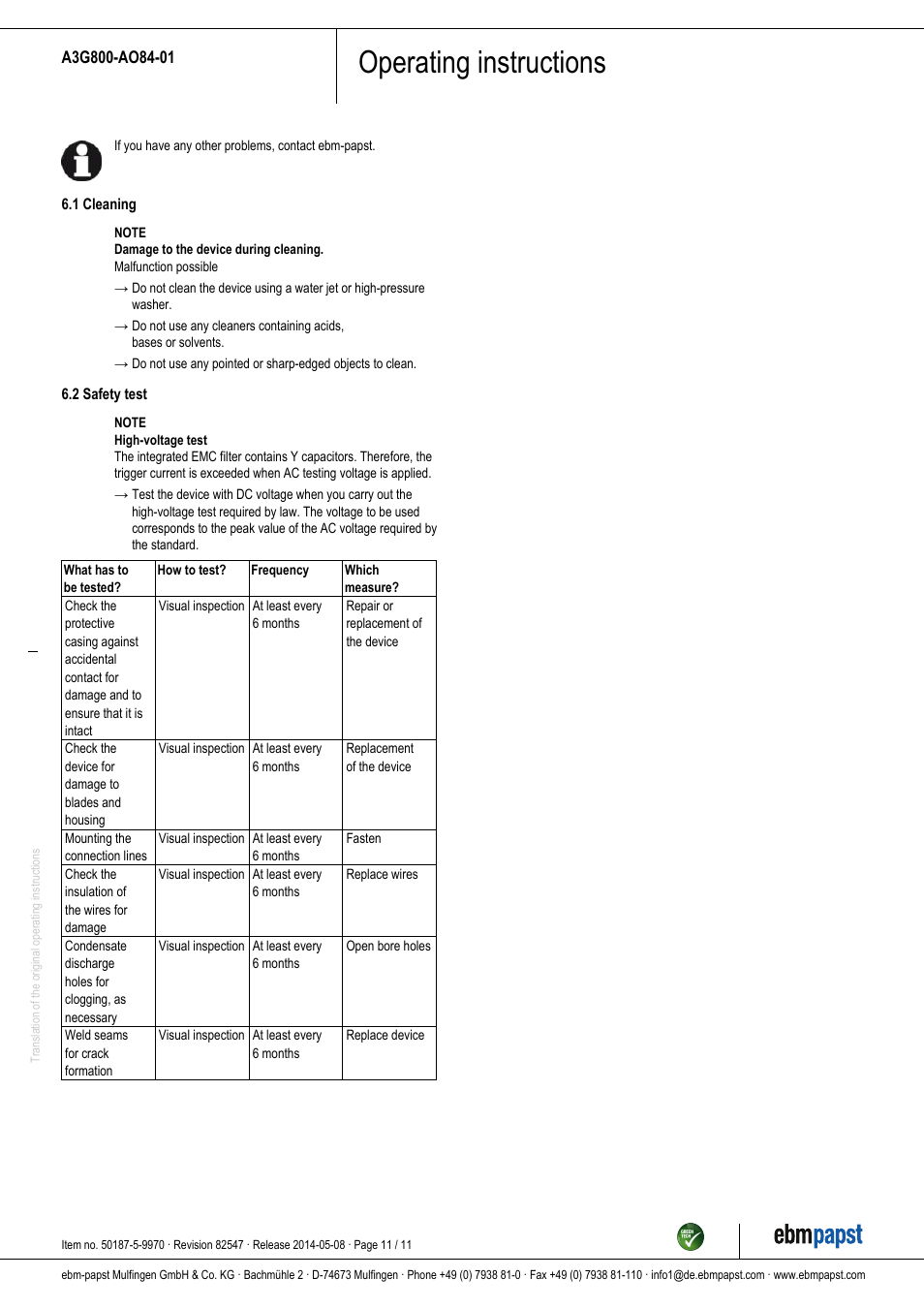 Operating instructions | ebm-papst A3G800-AO84-01 User Manual | Page 11 / 11