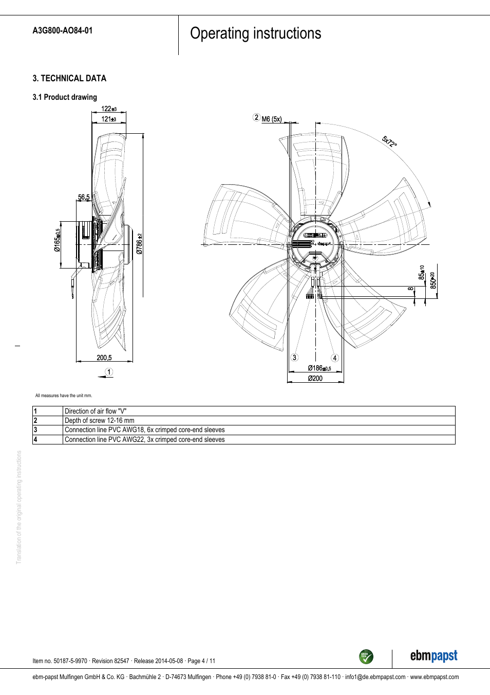 Operating instructions | ebm-papst A3G800-AO84-01 User Manual | Page 4 / 11