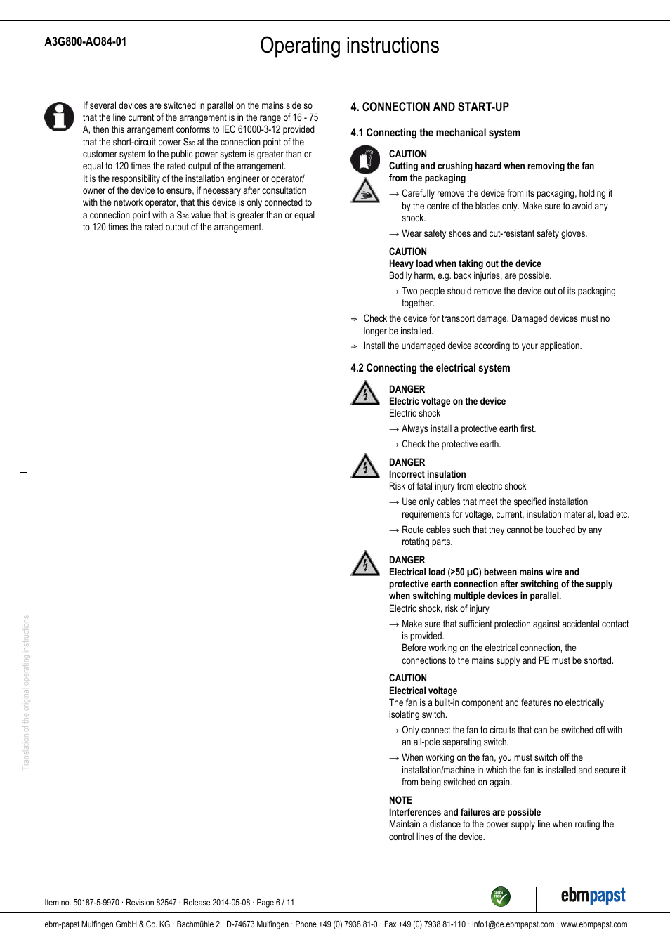 Operating instructions | ebm-papst A3G800-AO84-01 User Manual | Page 6 / 11