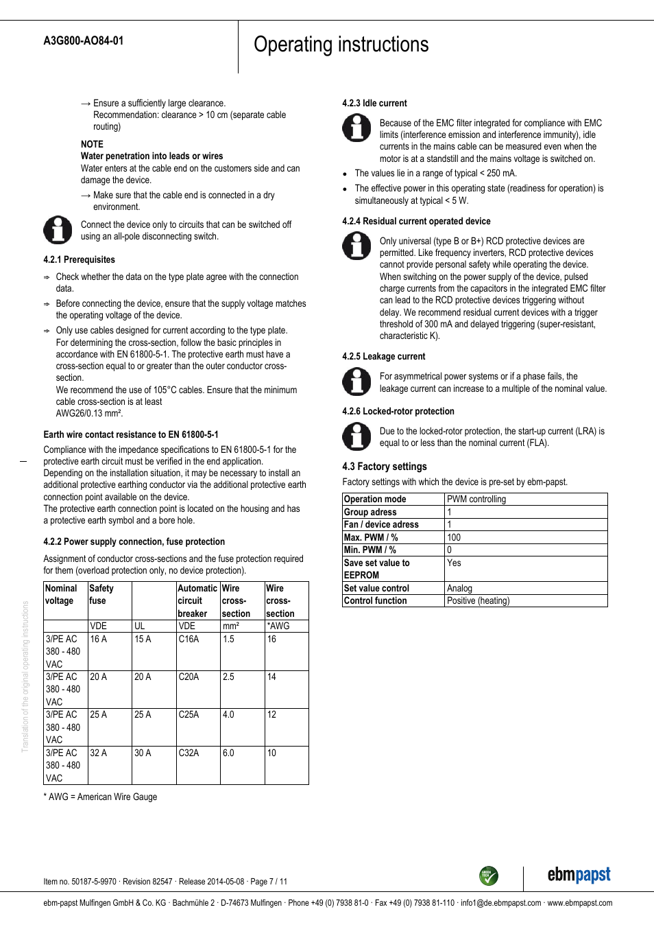 Operating instructions | ebm-papst A3G800-AO84-01 User Manual | Page 7 / 11