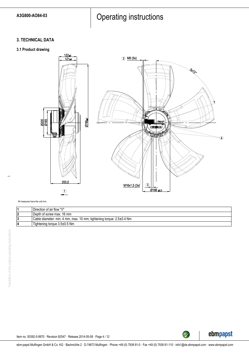 Operating instructions | ebm-papst A3G800-AO84-03 User Manual | Page 4 / 12