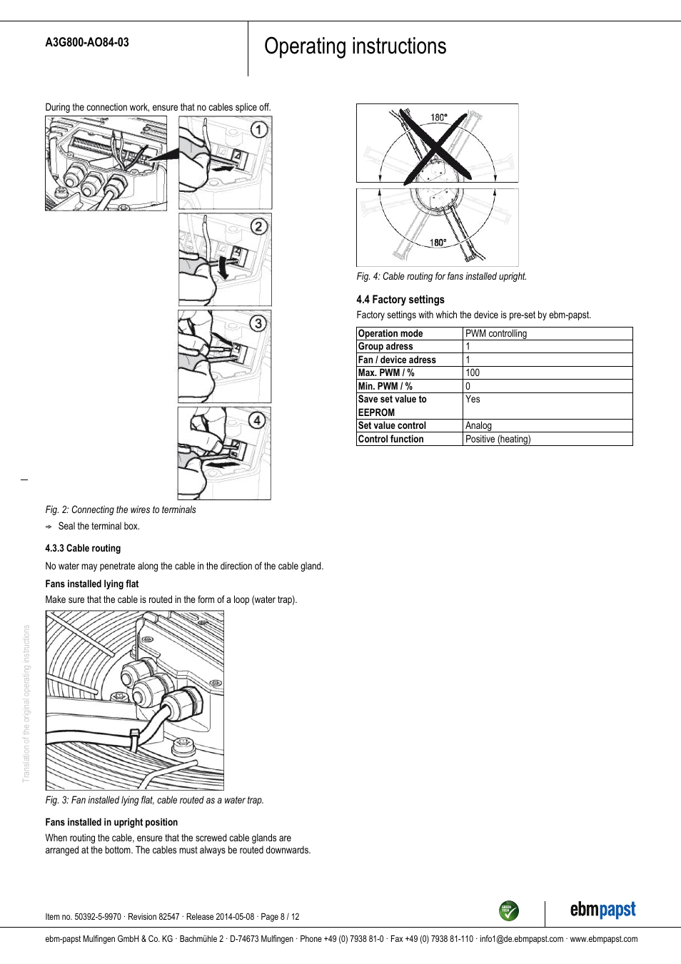 Operating instructions | ebm-papst A3G800-AO84-03 User Manual | Page 8 / 12