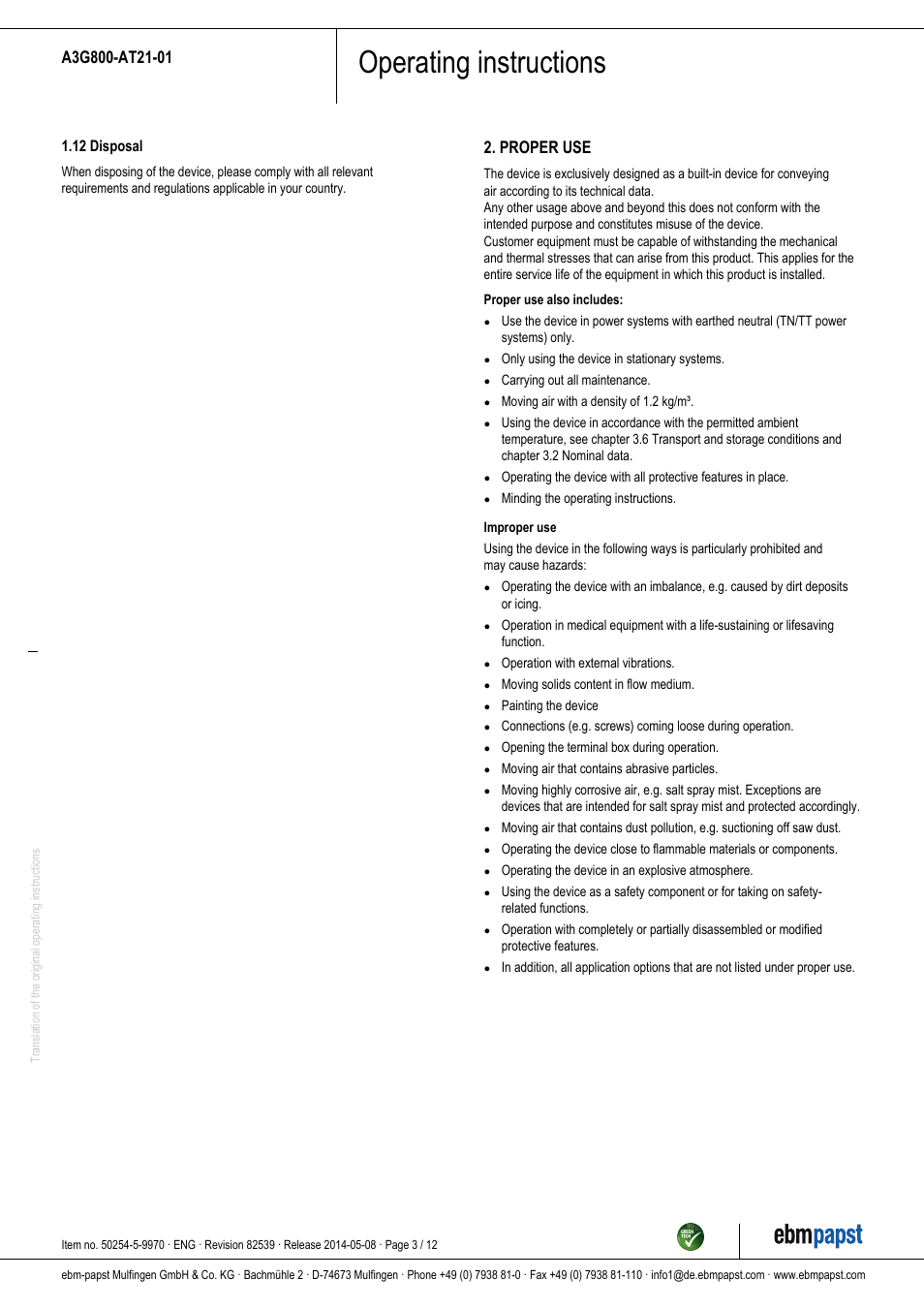 Operating instructions, Proper use | ebm-papst A3G800-AT21-01 User Manual | Page 3 / 12