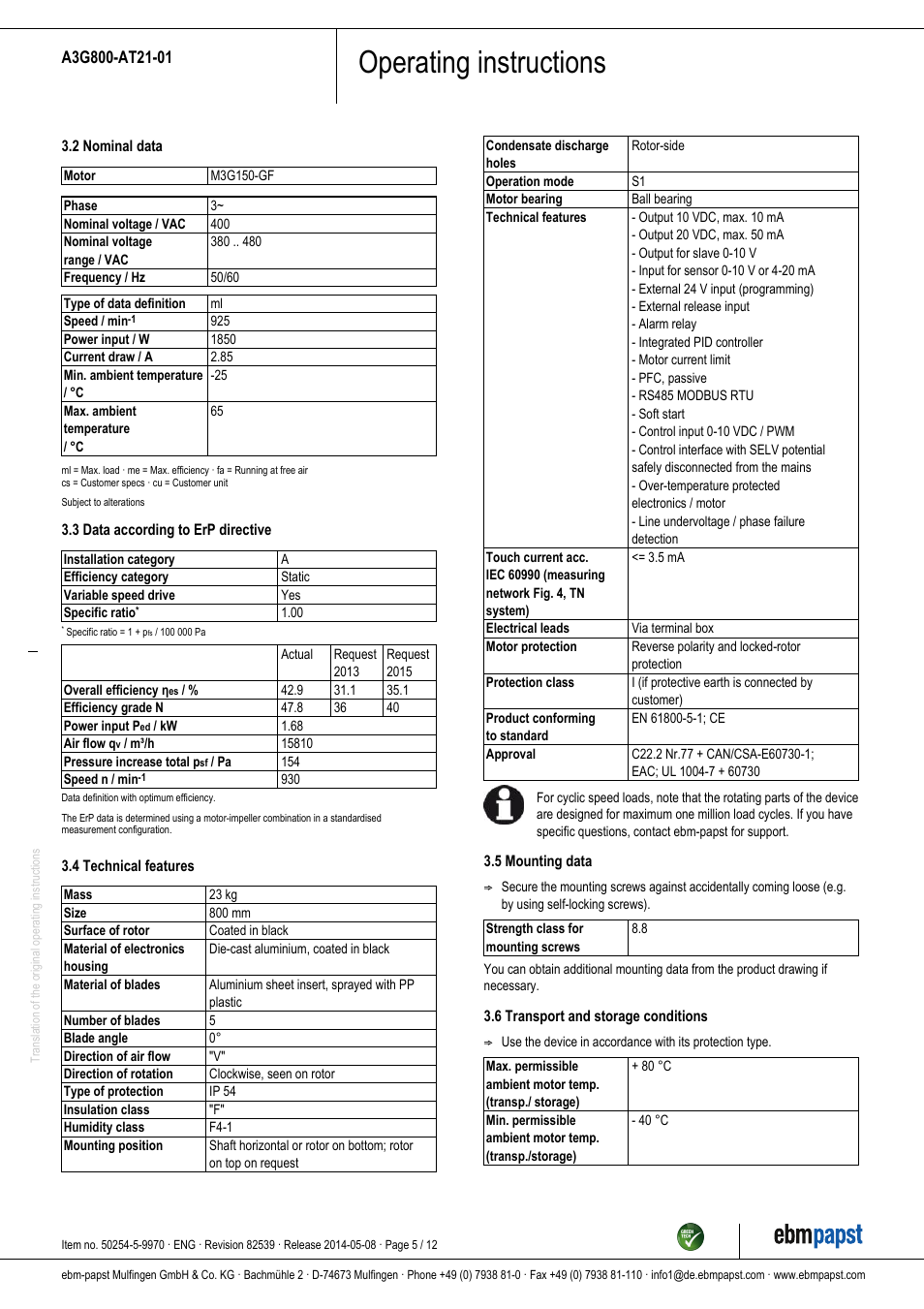 Operating instructions | ebm-papst A3G800-AT21-01 User Manual | Page 5 / 12