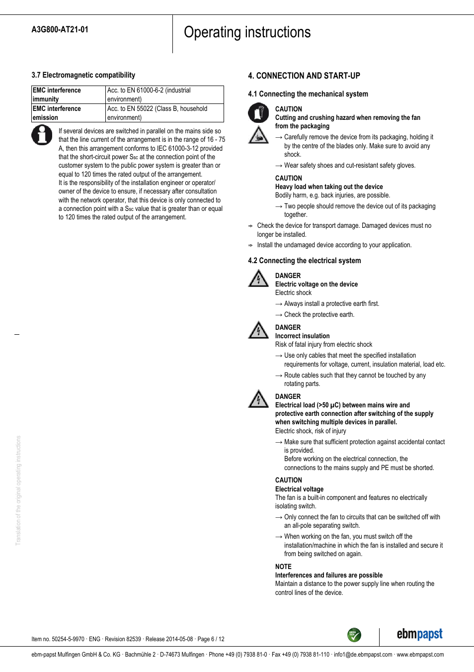 Operating instructions | ebm-papst A3G800-AT21-01 User Manual | Page 6 / 12