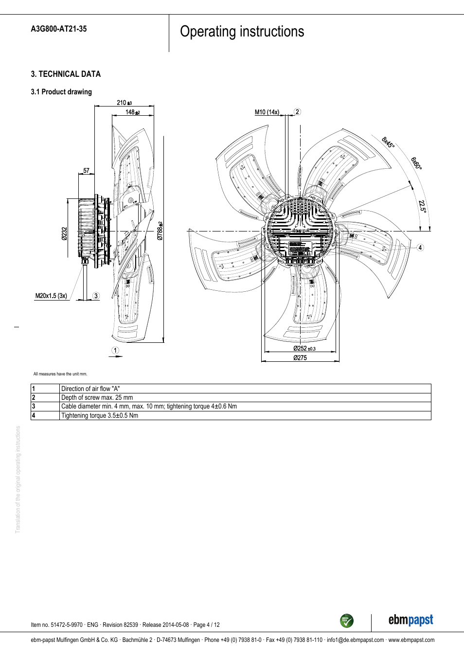 Operating instructions | ebm-papst A3G800-AT21-35 User Manual | Page 4 / 12