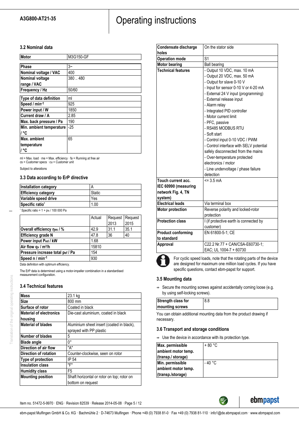 Operating instructions | ebm-papst A3G800-AT21-35 User Manual | Page 5 / 12