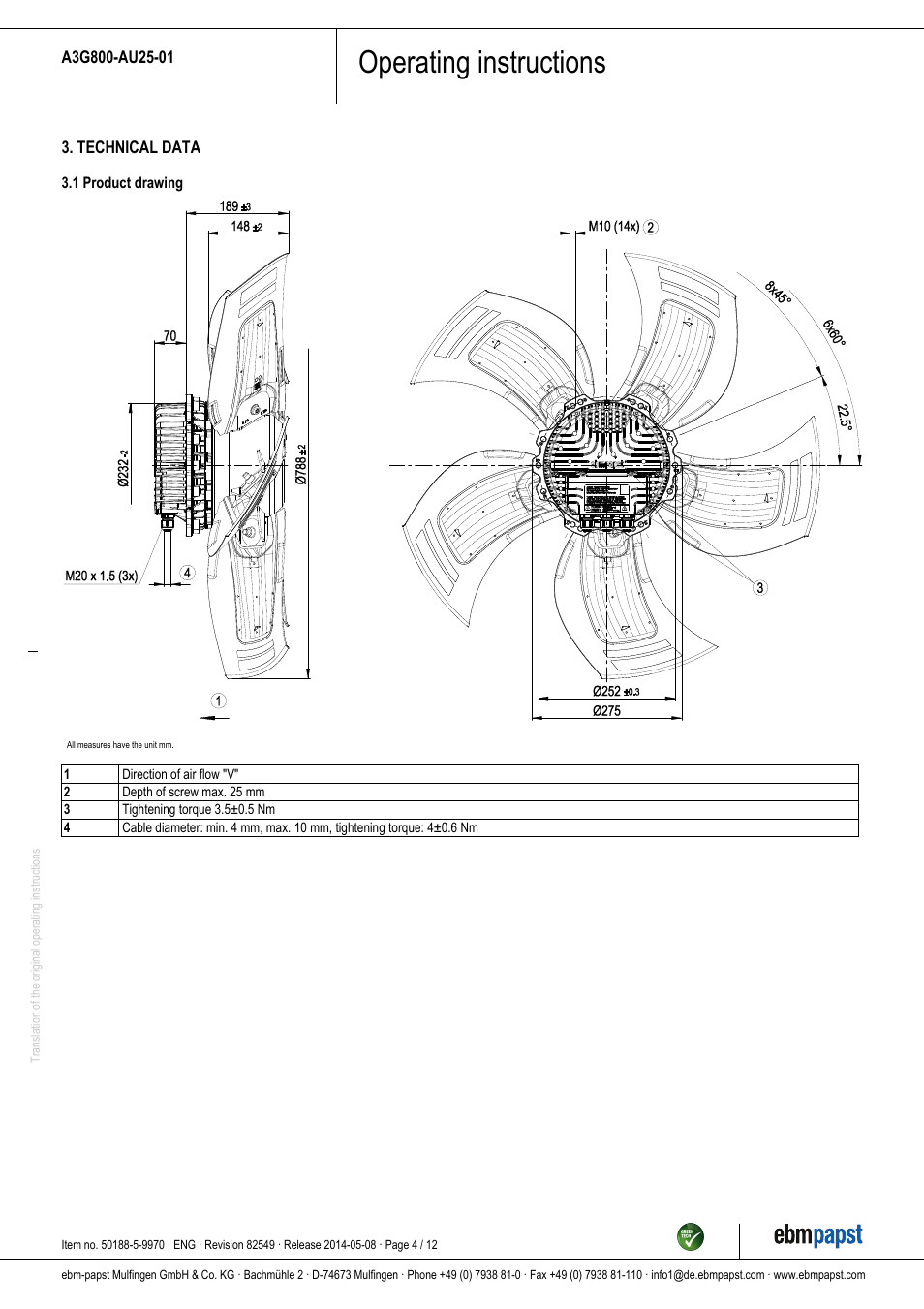 Operating instructions | ebm-papst A3G800-AU25-01 User Manual | Page 4 / 12