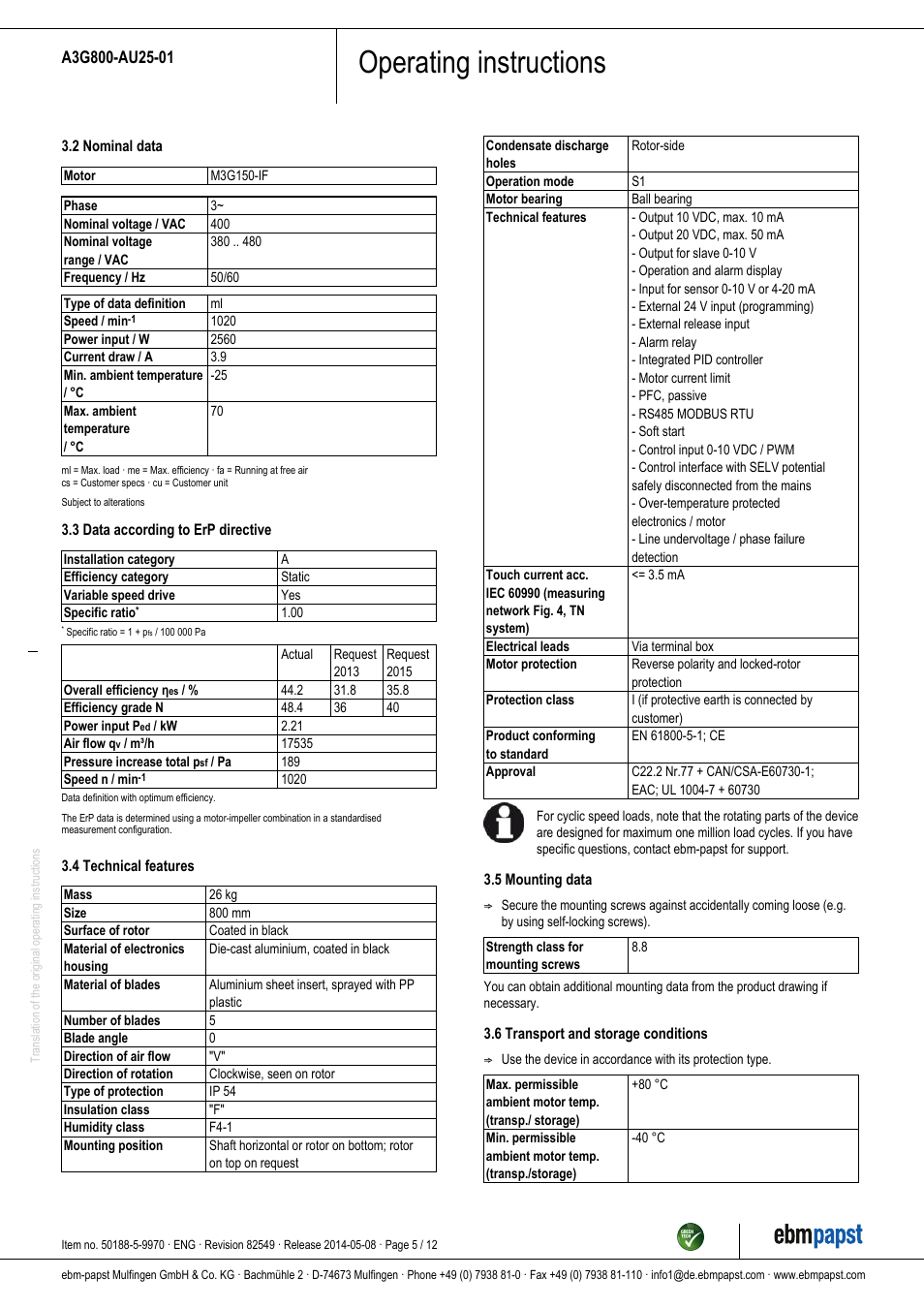 Operating instructions | ebm-papst A3G800-AU25-01 User Manual | Page 5 / 12