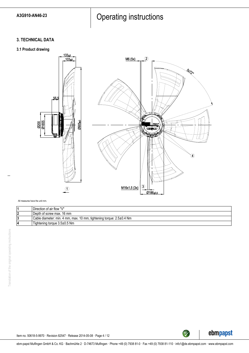 Operating instructions | ebm-papst A3G910-AN46-23 User Manual | Page 4 / 12