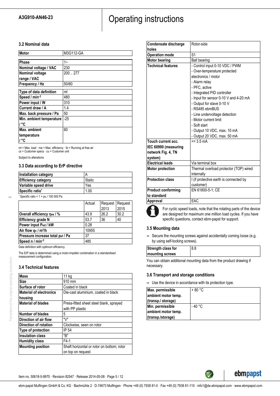 Operating instructions | ebm-papst A3G910-AN46-23 User Manual | Page 5 / 12