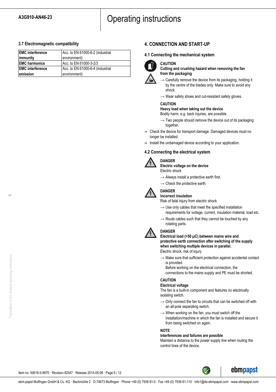 Operating instructions | ebm-papst A3G910-AN46-23 User Manual | Page 6 / 12