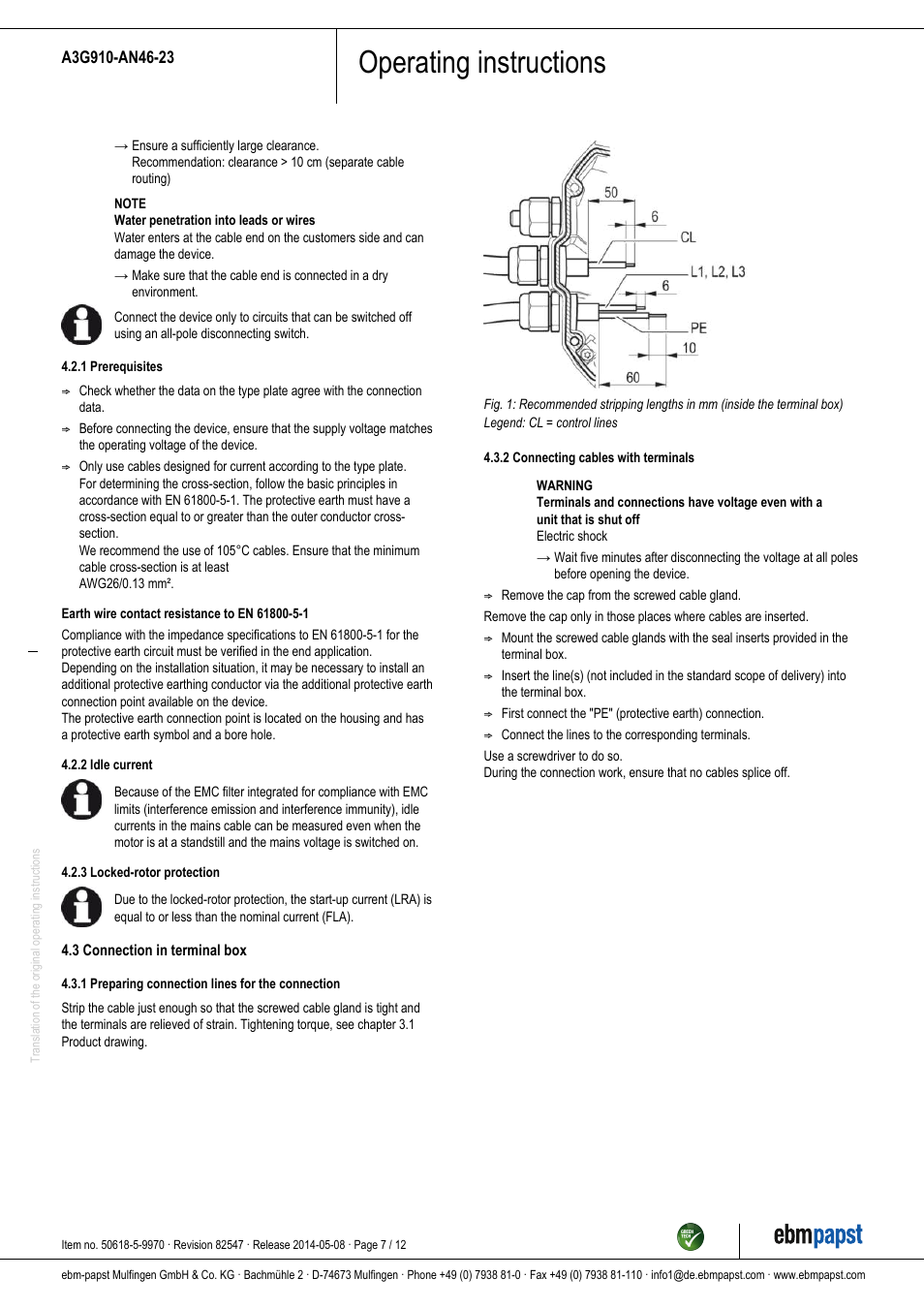 Operating instructions | ebm-papst A3G910-AN46-23 User Manual | Page 7 / 12