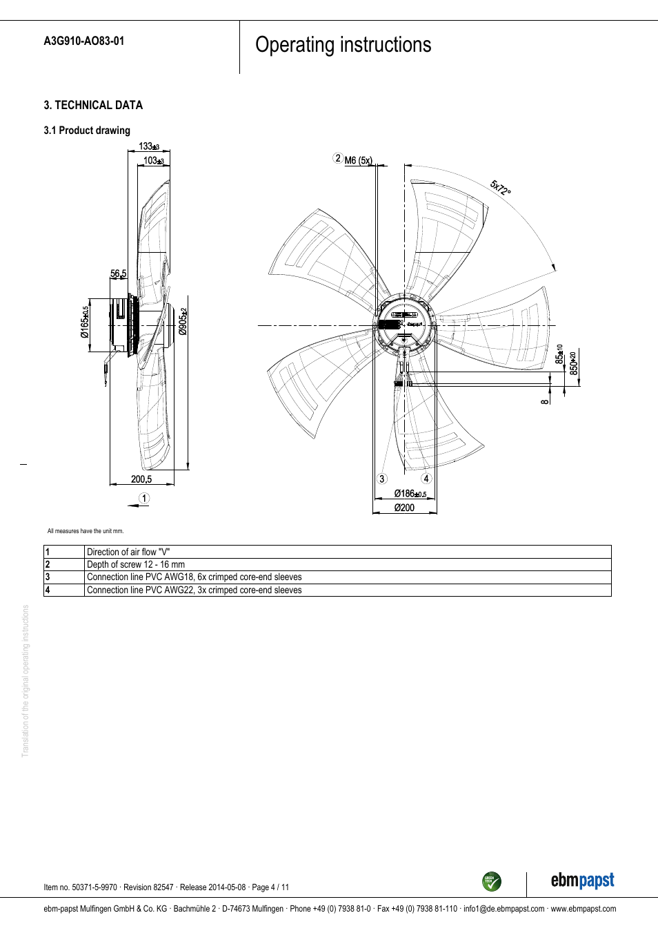 Operating instructions | ebm-papst A3G910-AO83-01 User Manual | Page 4 / 11